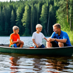 Lakeside Camping Near Minsk**

"A family-friendly scene of a campsite beside the clear waters of Lago Narach, Belarus. A fully clothed family enjoys swimming and fishing. Dense forest in the background. Safe for work, appropriate content, professional photography, perfect anatomy, natural proportions, well-formed hands, proper finger count, modest clothing, professional"

**