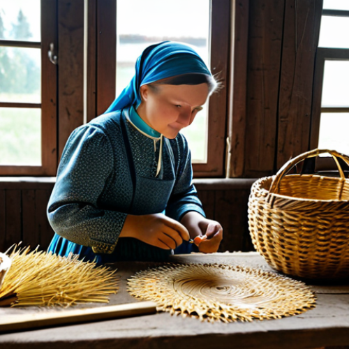 Straw Art Workshop**

"A Belarusian artisan, fully clothed in modest, traditional clothing, demonstrating the craft of straw weaving in a bright, rustic workshop filled with finished straw baskets, dolls, and decorative items. Natural light streams through a window.  Safe for work, appropriate content, perfect anatomy, correct proportions, well-formed hands, proper finger count, natural pose, professional, modest, family-friendly, high quality, professional photography."

**