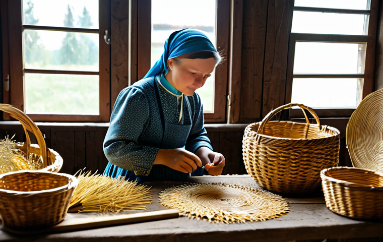 Straw Art Workshop**

"A Belarusian artisan, fully clothed in modest, traditional clothing, demonstrating the craft of straw weaving in a bright, rustic workshop filled with finished straw baskets, dolls, and decorative items. Natural light streams through a window.  Safe for work, appropriate content, perfect anatomy, correct proportions, well-formed hands, proper finger count, natural pose, professional, modest, family-friendly, high quality, professional photography."

**