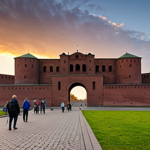 Brest Fortress - A Monument to Courage**

"A wide shot of the Brest Fortress in Belarus, showing the main gate and surrounding walls, bathed in the warm light of sunset. The architecture is imposing and reflects a sense of history and resilience. In the foreground, a few tourists are respectfully walking around, fully clothed, appropriate attire. The scene conveys a feeling of solemn remembrance and the weight of history. Perfect anatomy, natural proportions, professional photography, high quality, safe for work, appropriate content, fully clothed, professional."

**