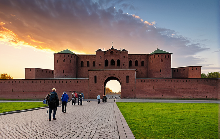 Brest Fortress - A Monument to Courage**

"A wide shot of the Brest Fortress in Belarus, showing the main gate and surrounding walls, bathed in the warm light of sunset. The architecture is imposing and reflects a sense of history and resilience. In the foreground, a few tourists are respectfully walking around, fully clothed, appropriate attire. The scene conveys a feeling of solemn remembrance and the weight of history. Perfect anatomy, natural proportions, professional photography, high quality, safe for work, appropriate content, fully clothed, professional."

**