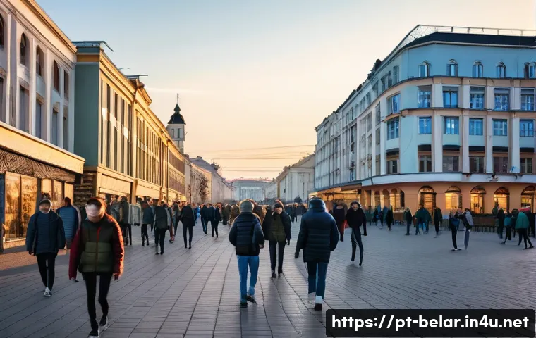 벨라루스에서 코로나 대응 - **Prompt:** A bustling street scene in Minsk, Belarus, during the COVID-19 pandemic, reflecting a se...