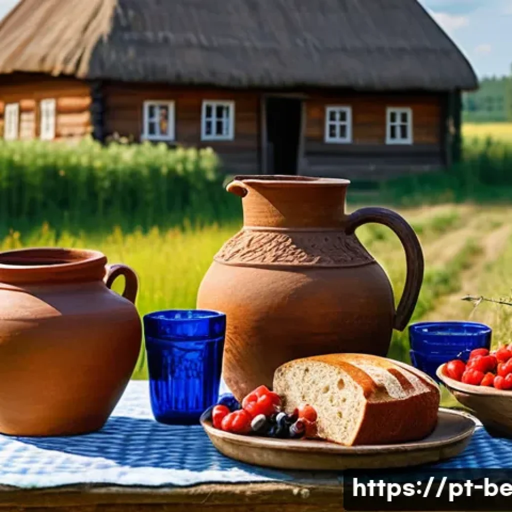 벨라루스에서의 전통 술과 양조장 - A rustic village scene in Belarus during summer, featuring a traditional wooden table set outdoors w...