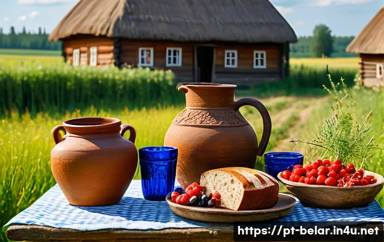 벨라루스에서의 전통 술과 양조장 - A rustic village scene in Belarus during summer, featuring a traditional wooden table set outdoors w...