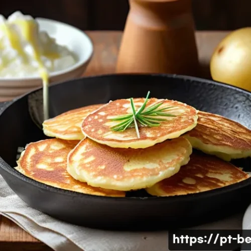 Home 33 드라니키 감자 팬케이크 - A rustic kitchen scene featuring a close-up of golden-brown draniki potato pancakes frying in a cast...