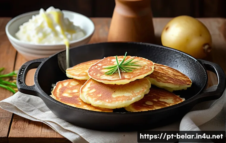 드라니키 감자 팬케이크 - A rustic kitchen scene featuring a close-up of golden-brown draniki potato pancakes frying in a cast...