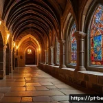 Home 20 네스비즈 성 방문기 - A majestic medieval castle corridor inside Nesbiz Castle, featuring massive stone walls, intricately...