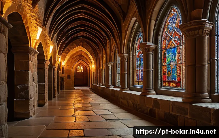 네스비즈 성 방문기 - A majestic medieval castle corridor inside Nesbiz Castle, featuring massive stone walls, intricately...