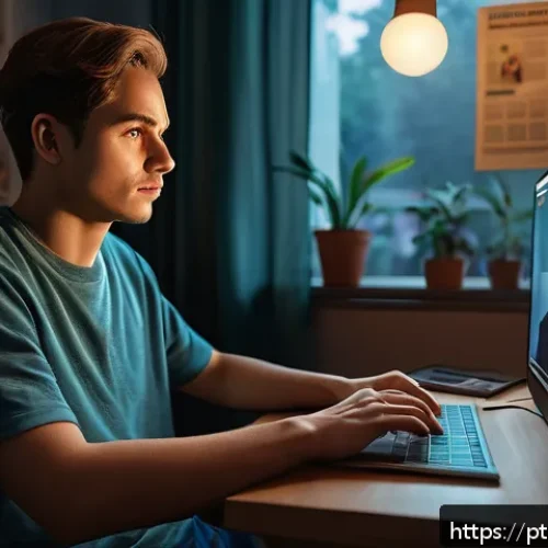 Home 17 벨라루스의 인터넷 검열 - A detailed digital art scene depicting a Belarusian citizen in a modest home office setting, wearing...