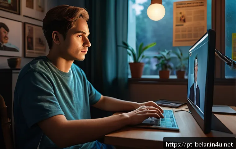 벨라루스의 인터넷 검열 - A detailed digital art scene depicting a Belarusian citizen in a modest home office setting, wearing...