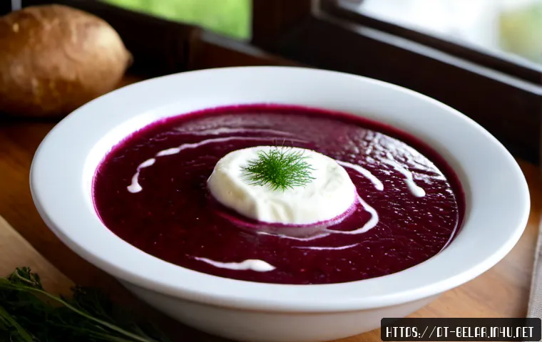 Home 30 벨라루스 보르시 요리 - Photorealistic Belarusian borscht in a rustic white ceramic bowl, rich ruby-red beet soup with tende...