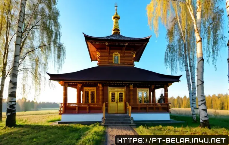 Home 17 벨라루스에서 불교 사원 존재 여부 - Photorealistic wide exterior of a modest Buddhist temple in Belarus, traditional pagoda-inspired woo...